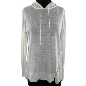 Cotton Linen Knit White Pullover Drawstring Hoodie Rib Breathable Long Sleeve